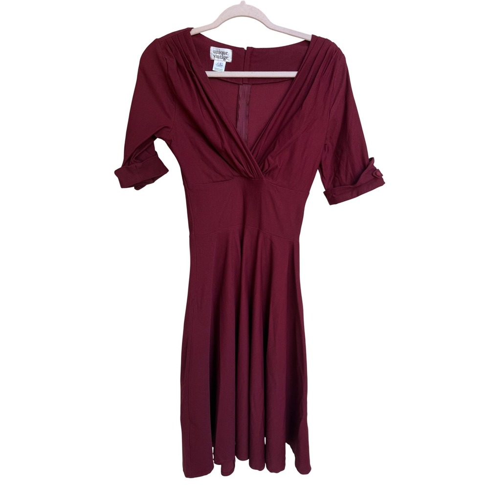 Unique Vintage Burgundy Surplice V-Neck Swing Dress Sleeve Retro Size Small
